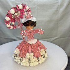 Vintage Kitschy Beaded Safety Pin Doll w/ Parasol Bright Pink White Dark Hair