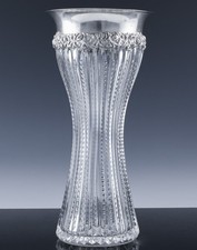 EX.FINE LARGE AMERICAN BRILLIANT PERIOD CUT GLASS REPOUSSE STERLING SILVER VASE