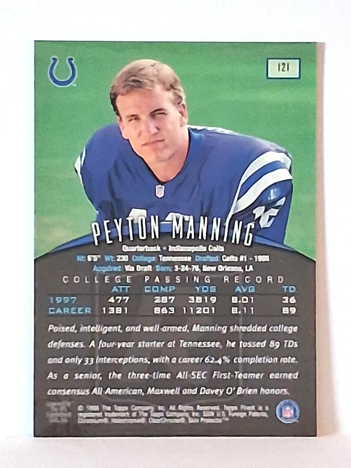 1998 TOPPS FINEST PEYTON MANNING RC # 121 INDIANAPOLIS COLTS view 2