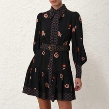 Zimmermann Floral Crepe De Chine Mini Dress Size 1 AU 10 US 6 Belted Long Sleeve