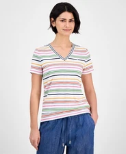 Nautica Jeans Women's Striped V-Neck T-Shirt White Size XS