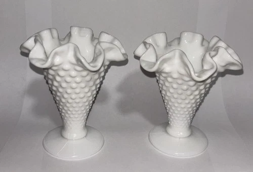 Lot of 2 - Fenton Milk Glass Hobnail Small Vase with Ruffled Edge Rim 3.75" Vtg