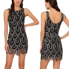 Adrianna Papell Women's Beaded Scallop Dress, Black/Gunmetal, Size 4