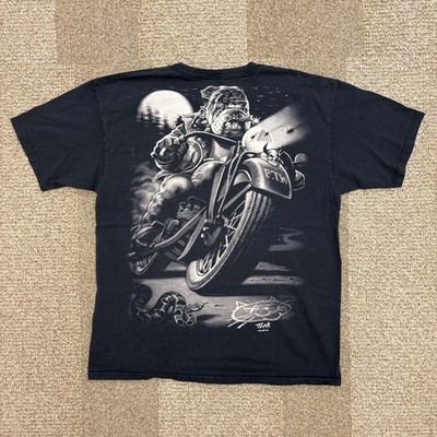 Vintage 90s Liquid Blue Cats Repair Shop Double Sided Graphic Biker Tee Shirt