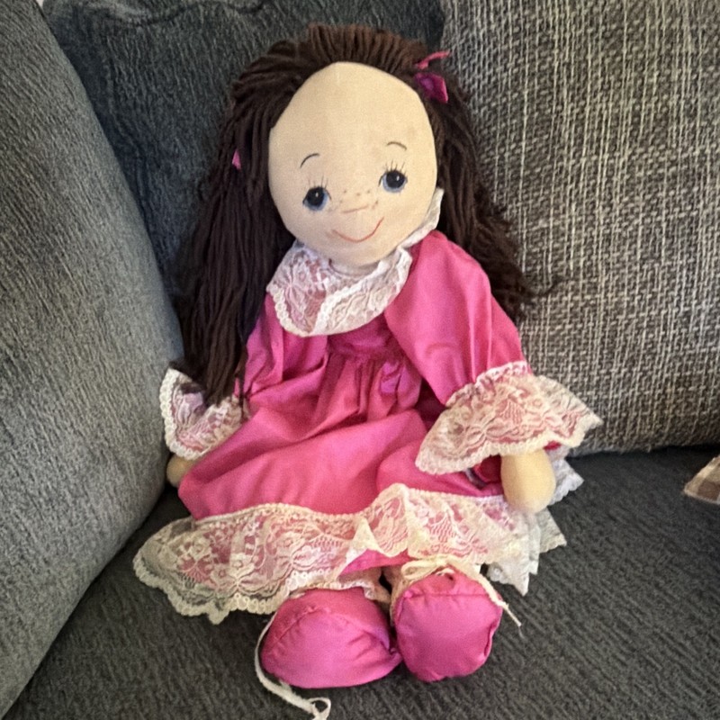 Soft Body Cloth Rag Girl Doll Brown Straight Yarn Hair Blue Eyes Pink Dress