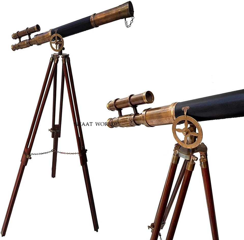 Maritime Antique Brass Double Barrel Telescope with Floor Standing Tripod, Decor - Image 2 of 4