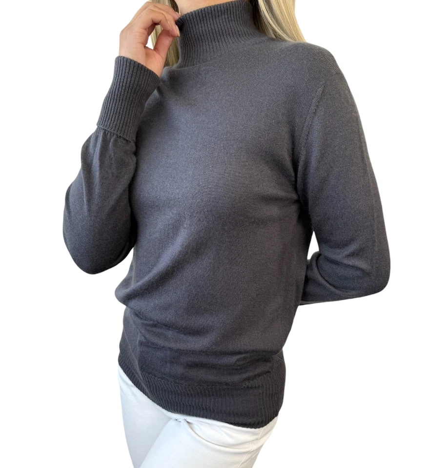 Suéter Top CHANEL Vintage Logo CC Cuello Alto #36 Gris Dorado Botón Lana RankAB+ Foto 4 de 4