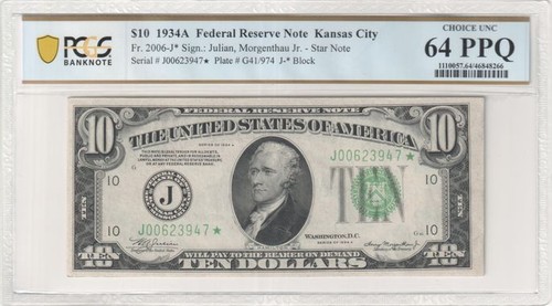 $10 1934-A FRN, Fr. 2006-J* 2nd FINEST: Kansas City Star PCGS-B Ch Unc 64PPQ