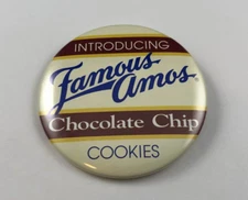 Vintage INTRODUCING FAMOUS AMOS CHOCOLATE CHIP COOKIES Button, Pinback