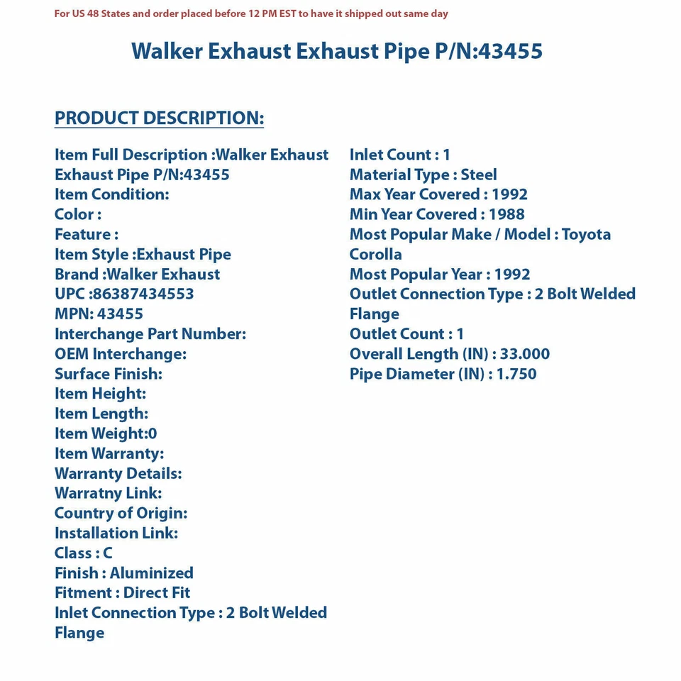 Tubo de escape Walker 43455 | Pieza de automóvil de alta calidad, ajuste universal para Mu Foto 4 de 4