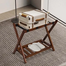 2 Tier Luggage Rack Folding Soild Wood Stand Suitcase Holder w/ Shelf Brown