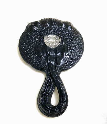 Vtg Handheld Mirror Beveled Faux Alligator SS Medallion Black Cool Accent Piece!