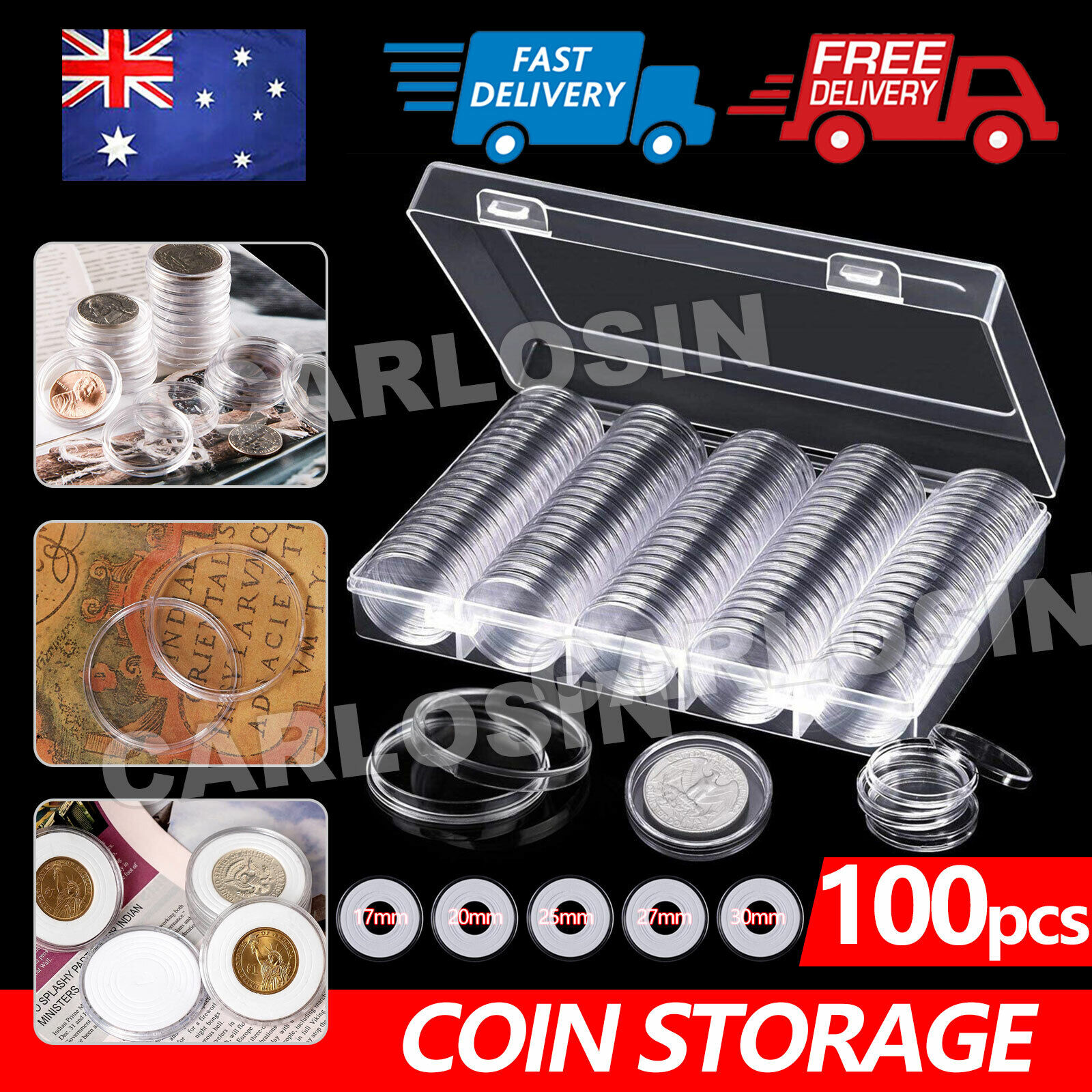 100PCS Coin Holder Capsules Collection Display Case Round Plastic Storage Box