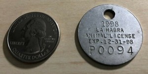 1998 La Habra California Dog Animal Rabies Vaccination License #33928