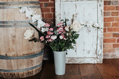 ARTIFICIAL FLOWERS WEDDING DISPLAY IN SILVER ZINC VASE PINK WHITE IKEA  SMYCKA UK