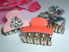 3 Small Coral Floral Pink Rhinestone Hair Claw Clips in Gift Box