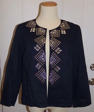 Chicos Sz 1 Jacket Blue Jeweled Linen Cotton 3/4 Sleeve Open Front Blazer Lined