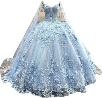  3D Floral Flowers Ball Gown Quinceanera Prom Dresses with Cape Corset 2024 Lace