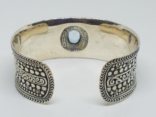 Sterling Silver Bali Scroll Blue Topaz Gemstone Cuff Bracelet Thailand - 第 6/12 張圖片