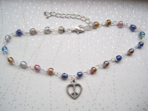 PEACE SIGN GLASS BEAD HEART CHAIN Ankle Bracelet Anklet Festival 8" 9" 10" Choic - Picture 1 of 4