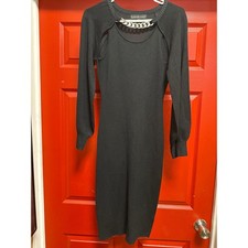 Almost Famous Black Ribbed Bodycon Dress Silver Chain Cold Shoulder Large