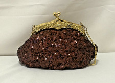 Brown Sequin Evening Bag Gold Tone Kiss Lock Clutch Purse Chain Formal