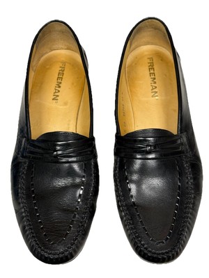 Freeman Loafers Black Leather Moc Almond Toe Stitch Design Slip On Shoes 11W EUC
