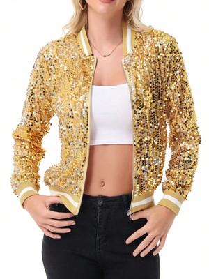Women's Sparkly Sequin Jacket Long Sleeve Zipper Glitter Bomber Jacket Coat With