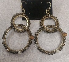 Vtg Boho Large Beaded Earrings Dangle Double Hoop Mix Materials Statement EUC 