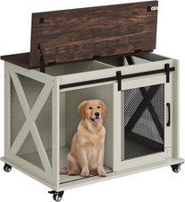 37" Dog Crate Wooden Dog Kennel with Removable Divider, Flip-Top Lid  Wheels