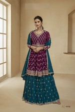 Faux Georgette Wine Lehenga Suit with Teal Skirt  Premium Embroidered Kurti  B