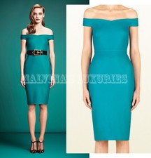 GUCCI DRESS WOOL TURQUOISE STRETCH CADY OFF THE SHOULDER SHIFT $1,400 IT 44 US 8