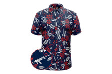 Retro Rifle Floral Gun Print Shirt Navy Red White Hawaiian Mens Size M