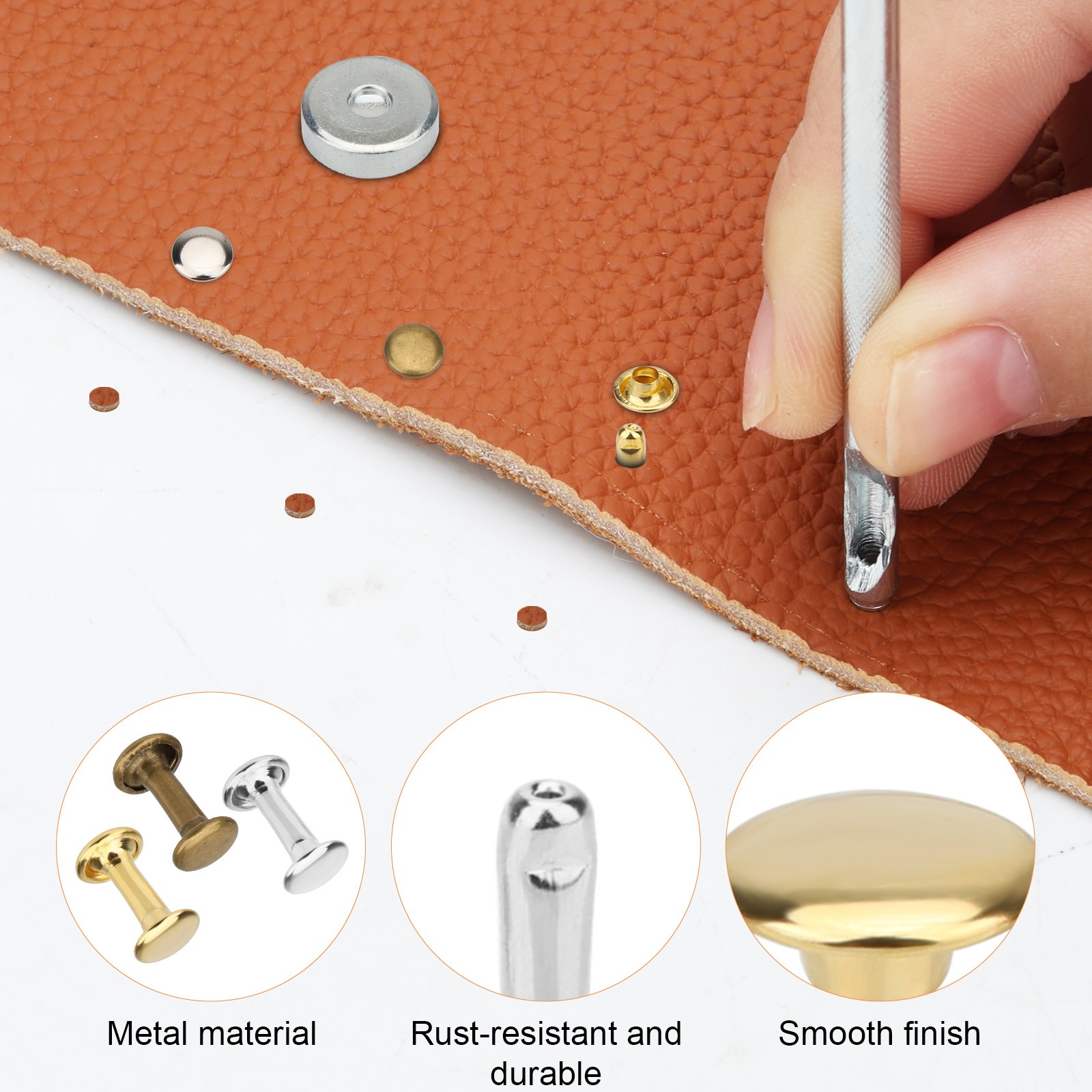 300PCS Leather Rivets Kit Double-Sided w/ Punch Tools for Bags Belts Clothes DIY