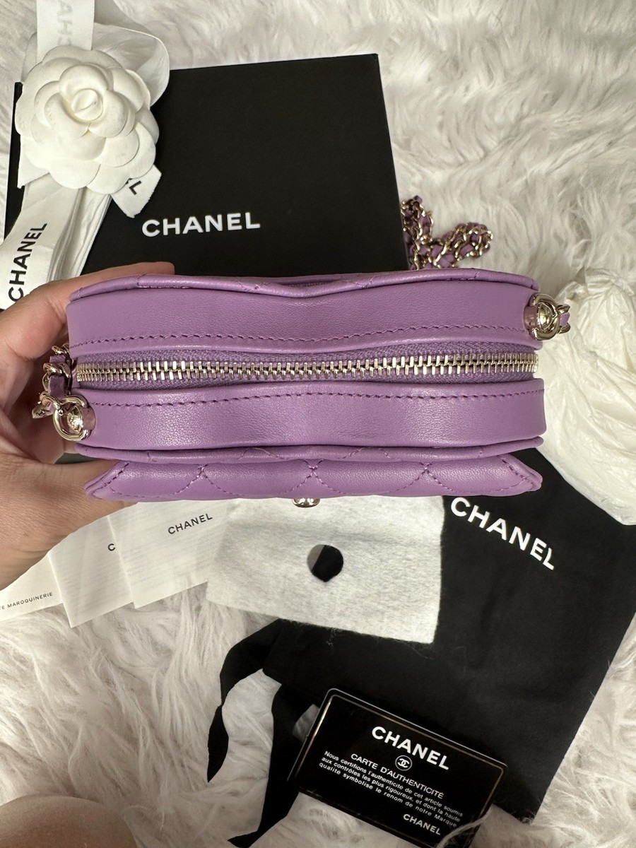 AUTHENTIC 22S Chanel Purple Lambskin CC In Love Heart Clutch SLG
