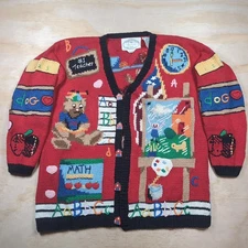 Vintage 1995 Eagles Eye Hand Knit School Teacher Color-Block Sweater Cardigan L