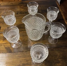 Indiana Glass Tiara Diamond Point Pitcher and 6 Glasses To Match. Vintage