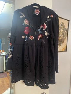 Johnny Was Junia Sudadera con Capucha de Terry Francés en Niveles Talla XL Cremallera Completa Chaqueta Pájaro