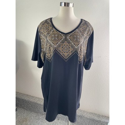 Catherines Womens Plus Size 2X 22/24W Black Tunic Top Short Sleeve Crew Neck
