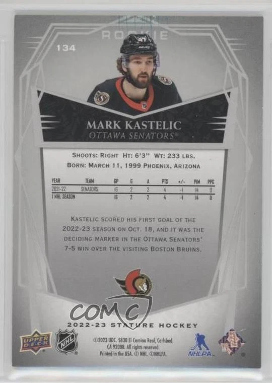 2022 Upper Deck Stature Rookies Design Variant /65 Mark Kastelic #134 Rookie RC - Image 2 of 2