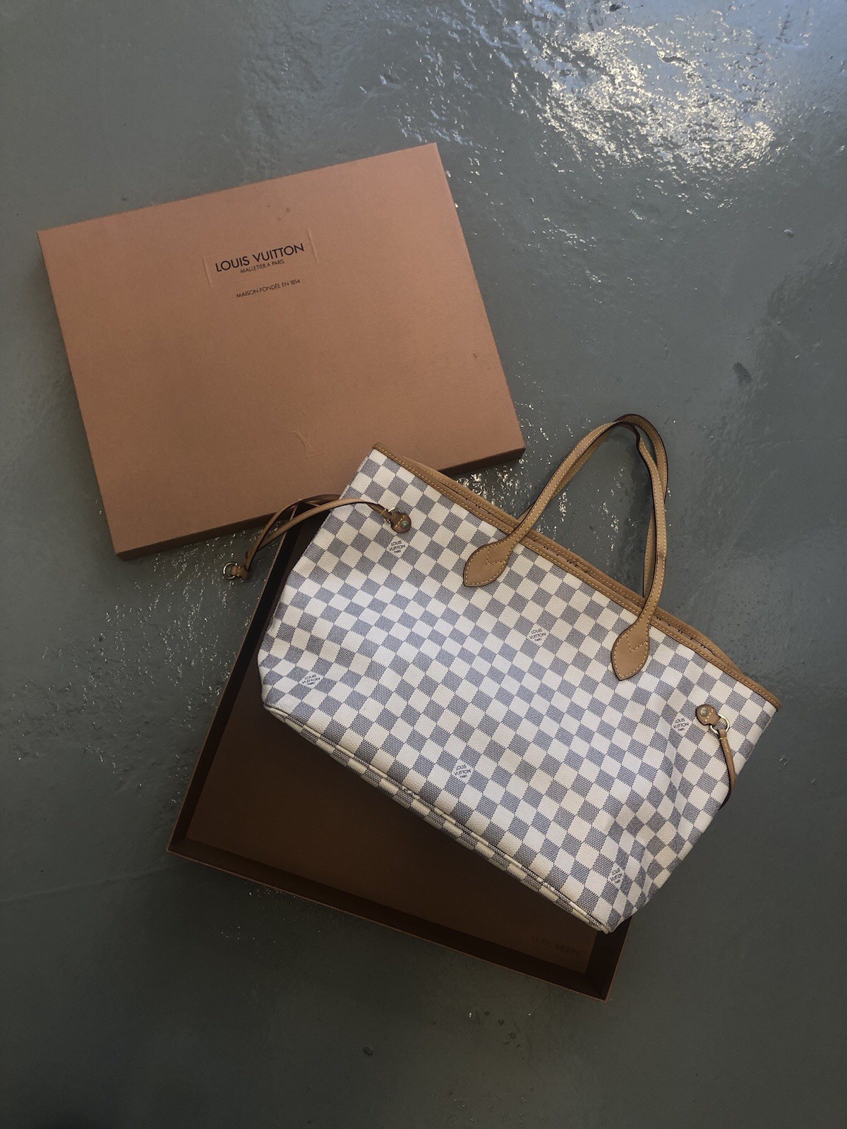 Louis Vuitton Damier Azur Neverfull MM With Box Tote Bag Beige White UPT