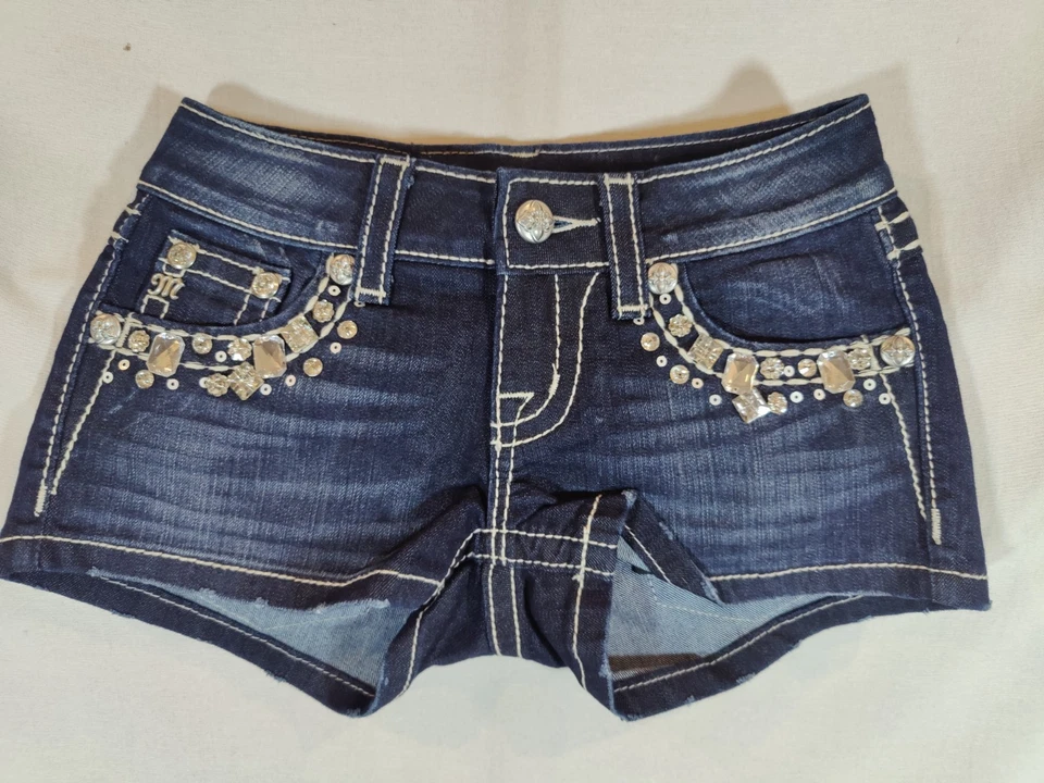 Miss Me Jeans Shorts Women's 23 Denim Embellished Pockets Dark Wash Blue - Image 2 of 4