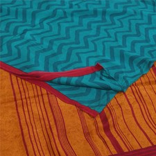 Sanskriti Vintage Sarees Red/Blue Pure Crepe Silk Printed Sari 5 Yd Craft Fabric