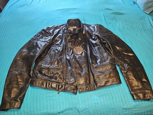 Brooks Men's Vintage Black Leather Biker Jacket With Harley Vintage vintage concert t-shirt, vintage, single stitch, B+ condition