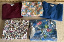 Lot of 5 Scrub Tops Solids Maroon, Blue  Hearts, Whimsy, Tropical, Women  s M/L
