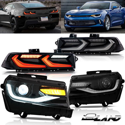 VLAND Headlights w/Sequential+Smoked LED Tail Lights For 2014-2015 Chevy Camaro