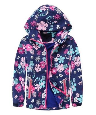 C2M Girls Rain Jacket Waterproof Hooded Raincoats 8-9 Years, Navy Flowers