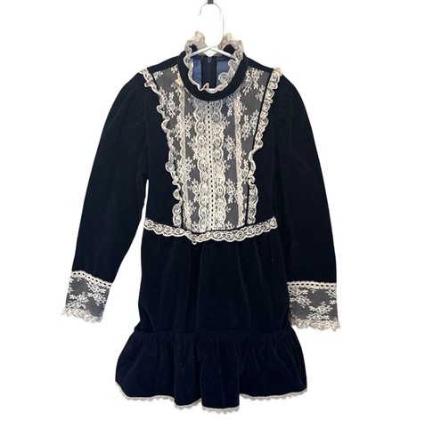 Vintage Girls Size 10 Dress Blue Velvet & lace Trim Fancy floral Victorian