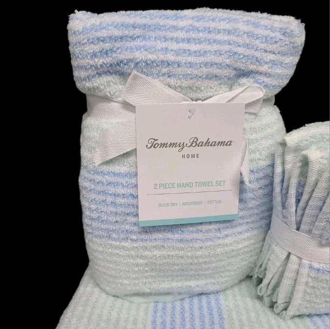 8 件装 Tommy Bahama 周末条纹浴手巾毛巾套装完好蓝色白色 — 第 2/4 张图片