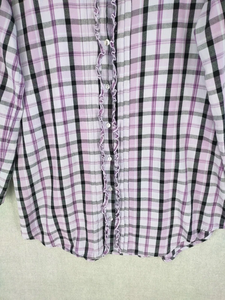 Camisa de noite Betsey Johnson íntima grande roxa tartan flanela babado botão - Imagem 4 de 4